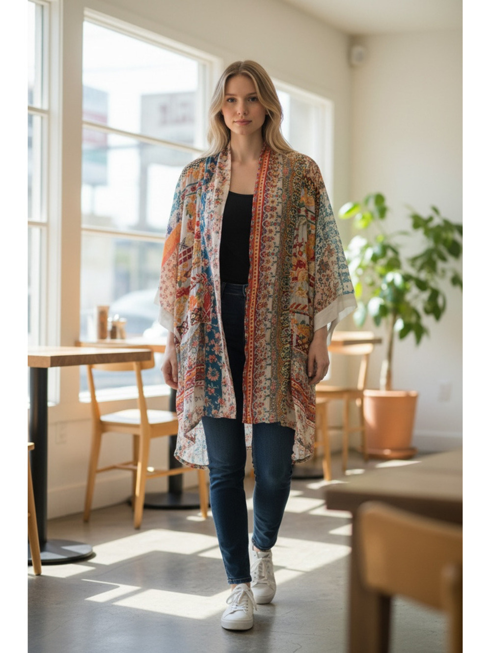 Johnny Was Silk Embroidered Kimono Jacket Cardigan Floral Multi-Color Size PL